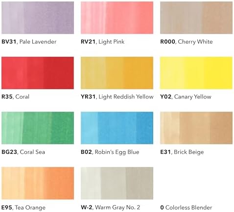 Copic Ciao Illustration Book Bundle Set, Alcohol-Based Markers (12 pcs) with an Instruction Book