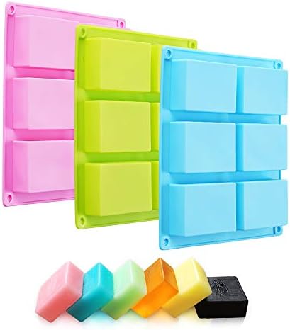 TDHDIKE 3 Pack Silicone Soap Molds 6 Cavities (Blue/Pink/Green) | DIY Handmade Soap, Muffin, Loaf, Brownie, Cornbread Baking Mold, Easy Release