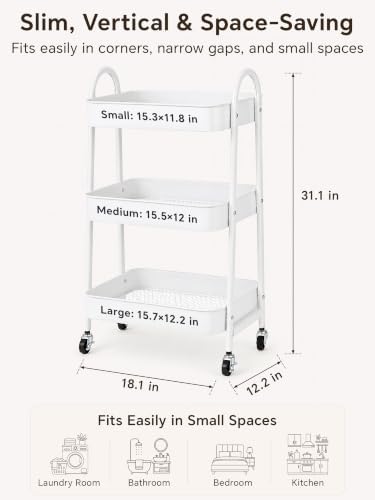 Booklov Rolling Makeup Cart Organizer, 3 Tier Utility Storage Cart, White