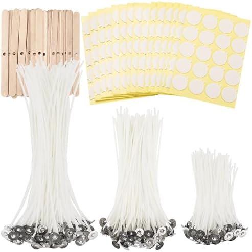 JEAWIWI 300 Pcs Candle Wicks, 4 & 6 & 8 in, with Wick Stickers & Holders