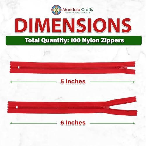 Mandala Crafts 100 PCs Red Closed-End 5 Inches Nylon Zippers for Sewing