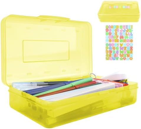 Yellow Pencil Case Box Plastic Aesthetic Hard Pencil Case with Stickers Stackable Storage Box for Girls Boys Big Capacity 1 Pack for Pens School Stylish Office Supplies Storage Organizer Boxs Medium