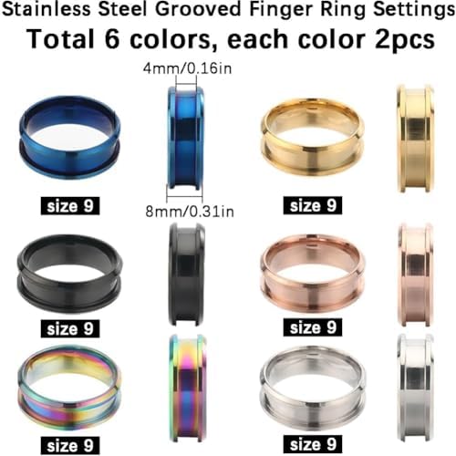 SUNNYCLUE 1 Box 12Pcs Inlay Ring Blanks Stainless Steel Finger Rings Blank Size 9 Blue Black Golden Grooved Ring Core Blanks Laser Inscription Plain Band Rings for Men Women Jewelry Making Supplies