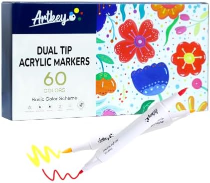 Artkey Acrylic Paint Markers 60 Colors, Dual Tip Acrylic Paint Pens with Brush and Fine Tips, Acrylic Markers Set for Rock Painting, Wood, Canvas, Glass, Ceramic, Stone, Fabric, Plastic, DIY Crafts