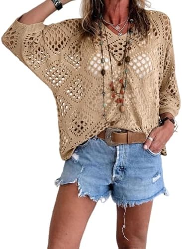 Bohemian Crochet Tops for Women 3/4 Sleeve V-Neck Open Knit Pullover Beach Cover Ups Hollow Out Boho Vacation Blouse