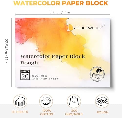 Fuumuui 11×15 Watercolor Paper Block, Textured Rough 100% Cotton Watercolor Paper, 140lb/300gsm, 20 Sheets, Acid-Free, Art Paper for Painting & Drawing, Wet, Mixed Media, Rough Grain