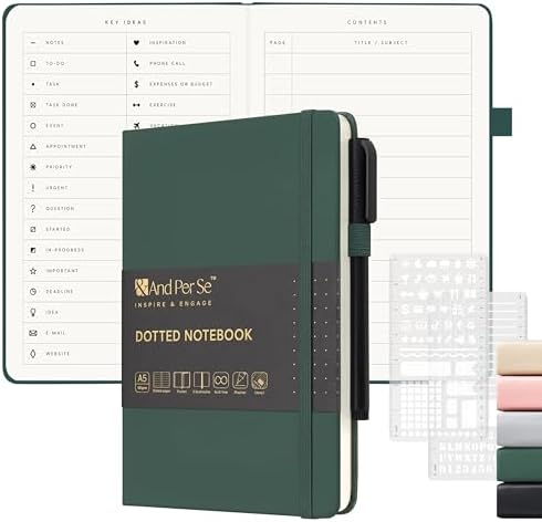 &And Per Se Dotted Notebook with Pen, 176 Numbered Dotted Pages, A5 Hardcover, Journal Stencils & Fineliner Pen for Beginners Women Men (Green)