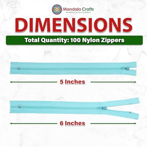 Mandala Crafts 100 PCs Turquoise Closed-End 5 Inch Nylon Zippers for Sewing