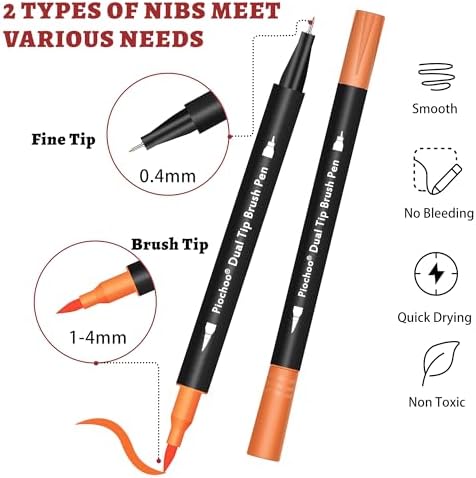 Piochoo Coloring Markers Pens, 34 Dual Tip Brush Pens, Fine Point Marker set for Adult Coloring Book, Bullet Journaling, Drawing