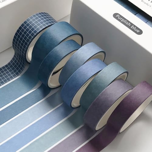 YUBBAEX 8 Rolls Basic Washi Tape Set Solid Color Grid Masking Decorative Tapes for Arts, DIY Crafts, Journals, Planners, Scrapbooking, Wrapping (Purplish Blue)