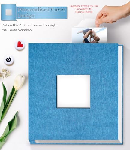 Artfeel Photo Album Self Adhesive Scrapbook Album for 3x5 4x6 5x7 8x10 Pictures,40 Pages Linen Cover with Display Window DIY Photo Book,Ideal Gifts for Family Travel Wedding Baby