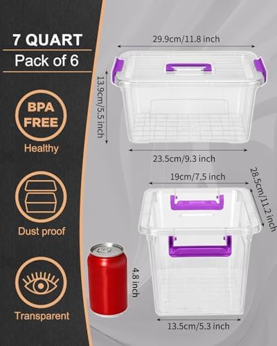 EOENVIVS 6 Pack Clear storage bins with lids, 7 Qt storage containers with lids with Color Buckles, Stackable storage box Set for organizers and storage, Closet, Pantry, Shelves & shoe boxes