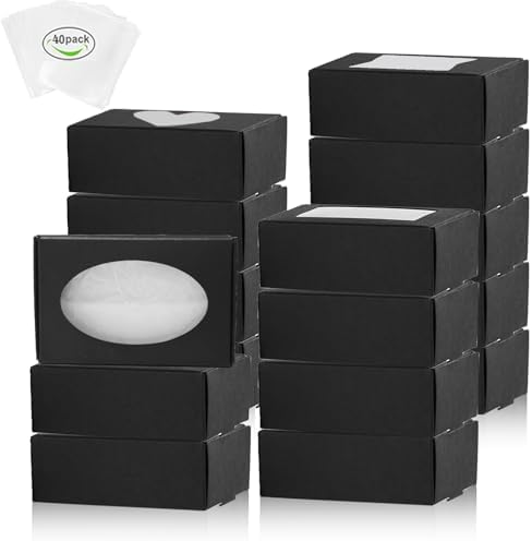 BZIDII 36Pcs Soap Boxes for Homemade Soap and 40pcs Shrink Bags,3.54 X 2.36 X 1.18 Inch Soap Boxes with Window,Bar Soap Packaging Kraft Boxes Supplies（Black）