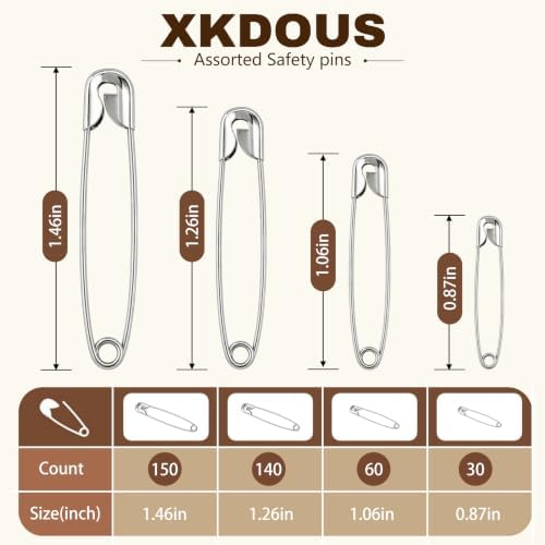 XKDOUS 380 Pack Safety Pins Assorted Sizes, Heavy Duty Pins for Clothes