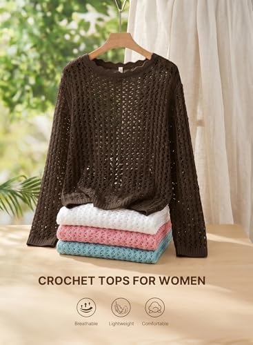 EVALESS Crochet Tops for Women Long Sleeve Hollow Out Knit Sweaters