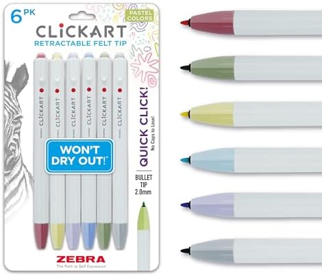 Zebra Pen CLiCKART Felt Tip Pen, Assorted Pastel Ink, 0.6mm, 6-Pack