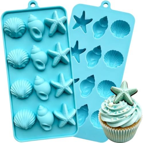 2Pack Marine Ocean Sea Silicone Mold, Seashell Starfish Conch Silicone Chocolate Candy Mold, Beach Silicone Mould for Cake Decoration, DIY Soap, Resin Craft, Ocean Mermaid Theme Party