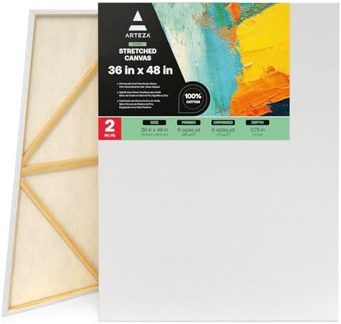 ARTEZA Stretched Canvas, 36 x 48 Inches, Pack of 2, Blank White Large Canvas for Painting for Acrylic, Oil and Gouache Paints | Cotton-Texture Surface, Wood Frame, Pre-Primed White Finish, For Acrylic, Oil, Gouache, Tempera and Large-Format Art