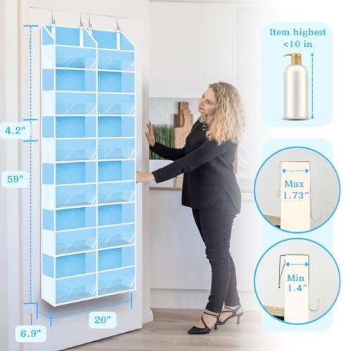 Over The Door Organizer 6 Tiers, Extra Large Behind Door Storage of 12 Compartments, 80 lbs Weight Capacity Hanging Storage Organizer with Clear Window Kids Toys,Shoes,Diapers,Room Storage,Blue