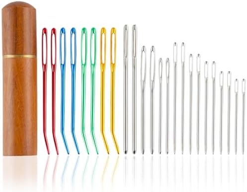 24pcs Large Eye Sewing Needles Kit, Stainless Steel Blunt Darning Needles & Bent Tapestry Needles & Sharp Hand Knitting Needles with Wooden Case,Perfect for Crochet/Darning/Yarn/Embroidery Projects