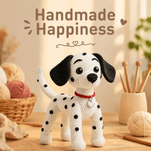 DIY Crochet Dalmatian Dog Kit for Beginners – Amigurumi Spotted Dog Stuffed Animal Knitting Kit with Yarn, Safety Eyes, Heart Tag & Instructions – Easy Beginner Crochet Craft Gift for Adults