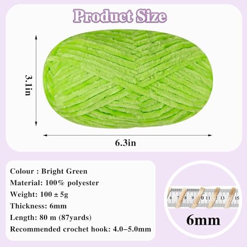 4 PCS 400g Soft Chenille Velvet Yarn for Crocheting,Fluffy Warm Yarn for Knitting and Crochet DIY Craft Blanket Bag Hat Scarve Clothe Gloves Slippers Doll（Bright Green）