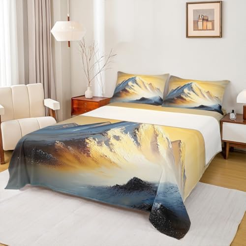 Natural Landscape Themed Bed Sheet Set King Size Golden Sunset White Snow Mountain Mattress Cover Artistic Sheets for Boys Girls Bedroom Golden with Flat,Fitted Sheet Pillowcase 4Pcs
