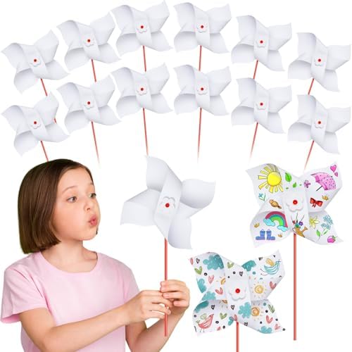 Simgoing 12 Pcs DIY Pinwheels for Kids Party Favor Paper Summer Craft Kits Bulk White Pinwheels for School Art Group Activities Scare Birds Garden Party Supplies 250th Anniversary July 4 (9.06 Inch)