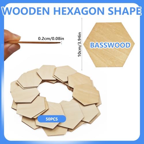 50PCS Wooden Hexagonal, Made of Basswood, 4 Inch Unprocessed Wood Pieces, Natural Star Shaped Wood Blanks, Suitable for DIY Painting, Pyrography, Staining, Carving and Other Crafts, and as Coasters