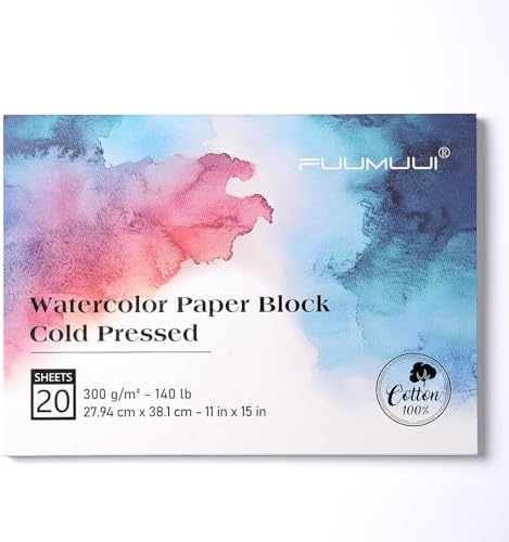 Watercolor Paper Block 11x15 Inch, Fuumuui 100% Cotton Watercolor Paper Pad of 20 Sheets, 140lb/300gsm, Acid-Free Cold Pressed Art Paper for Painting, Drawing, Wet, Mixed Media