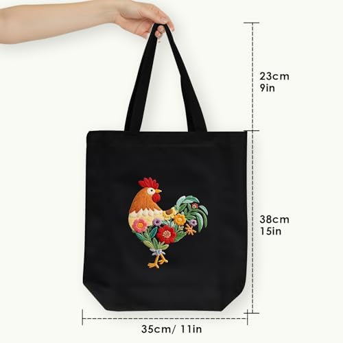 ERKOON Canvas Tote Bag Embroidery Kit for Beginners, Needlepoint Arts Crafts Cross Stitch Kits for Adults Including Stamped Embroidery Bag with Hoops, Needle, Instruction and Color Threads (Rooster)