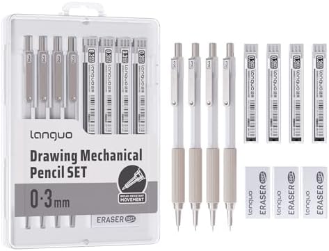 languo 0.3mm Mechanical Pencil Set with Case, 4PCS Drafting Mechanical Pencils Kit – 4 Tubes HB Lead Refills, 3 Erasers, Ideal Pencil Set for Writing & Drawing