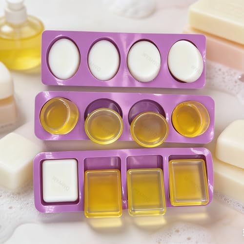 3Pcs 4Cavity Silicone Soap Molds Set | Round/Oval/Square Shapes Handmade Soap Making Non-sticky and Easy to Remove