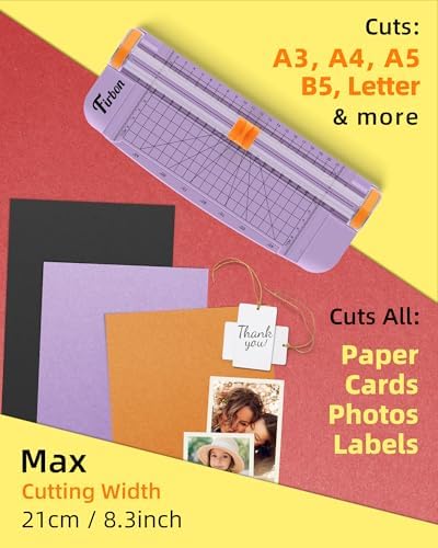 Firbon A5 Paper Cutter, Small Straight Paper Trimmer with Side Ruler | Purple Compact Design | Cuts Photo, Cardstock, Labels & Coupons | Portable Desktop Slicer | Scrapbooking & Craft Projects