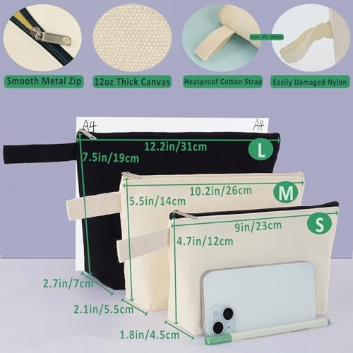 12PCS Bulk Makeup Bags, 12Oz Thicker Cotton Canvas Zipper Pouches with Bottom for Cosmetic Stationery Organization, Plain Pouch for Iron On Crafts Embroidery (Beige, S, 9x4.7x1.5'')