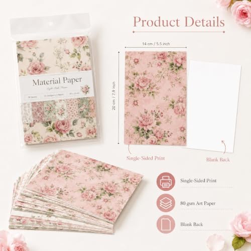 30 Sheets Vintage Floral Scrapbook Paper, 5.5x7.9 Inch Single-Sided Light Pink Rose Aesthetic Craft Paper for Junk Journaling, Card Making, Collage, Decoupage & DIY Projects