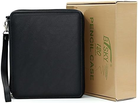 BTSKY Deluxe PU Leather Pencil Case For Colored Pencils - 120 Slot Pencil Holder with Handle Strap Handy Colored Pencil Box Large(Black)