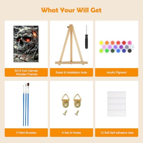 MOGTAA Halloween Paint by Numbers Kit for Adults Beginners with Frame, Skull Adult Paint by Number Kits on Canvas with Easel, Easy DIY Oil Painting Kits for Home Decor, 8x12in
