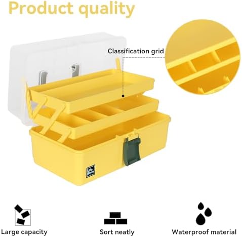 WEWLINE 13-Inch Art Box Sewing Storage Organizer 3-Layers Craft Storage Organizer with Handle Plastic Storage Boxes Organizers for Kids Student Artist,Yellow
