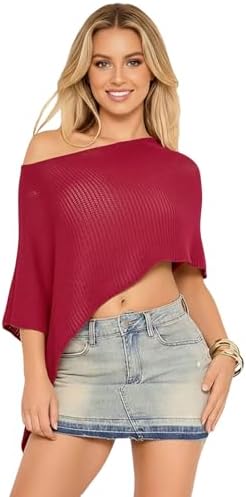 Milumia Women's Sheer Poncho Top Crochet Asymmetrical Off Shoulder Split Knit Top Swimsuit Coverup