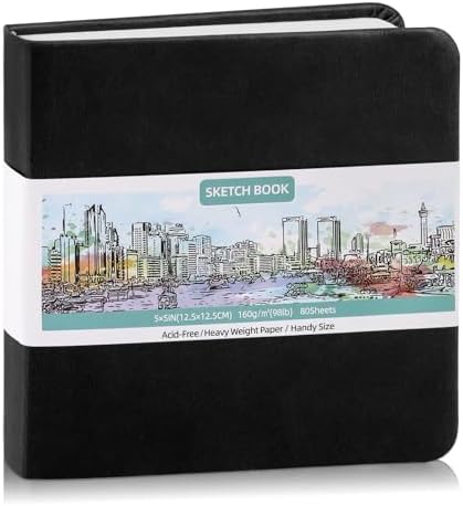 Hardcover Pocket Sketchbook 5 x 5 in, 80 Sheets Small Sketch Book, Black