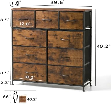 WLIVE Tall Dresser for Bedroom, 9 Drawer Chest of Drawers, Rustic Brown | 9 roomy fabric drawers, Tall storage design, Bedroom or closet use, Sturdy steel frame, Smooth wood tabletop