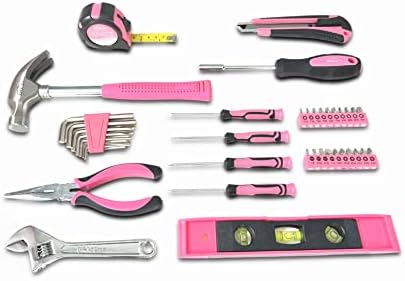 Apollo Tools 39 Piece General Household Tool Set in Toolbox Storage Case with Essential Hand Tools for Everyday Home Repairs, DIY and Crafts - Ribbon - Pink - DT9711P