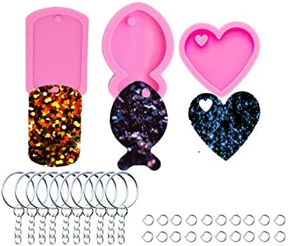 3pc Glossy Resin Silicone Fish Molds Pet Cat Tag DIY Necklace, Heart Mould Crafts Epoxy Mold with 10PC Key Ring(DY0054+DY0088+DY0405)