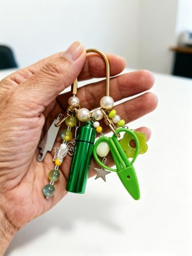 MEYAGO Needlepoint Bag Charm Tool Kit with Mini Embroidery Scissors, Needle Threader, Needle Holder Tube & Gold Keyring, Portable Embroidery Accessories for Cross Stitch Sewing DIY Crafts (Green)