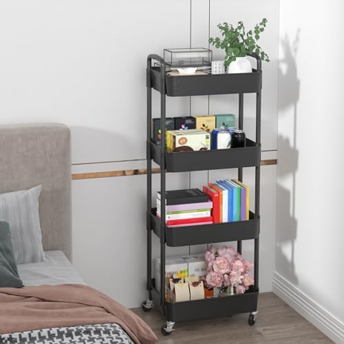 Sywhitta 4-Tier Plastic Rolling Utility Cart with Wheels for Storage, Black