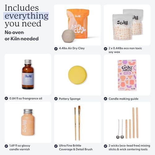 Sculpd Candle Making Kit, Air Dry Clay, 2 Candles Orange & Ginger Fragrance