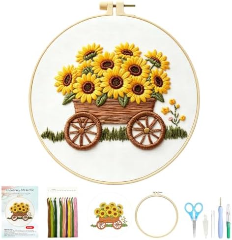 DJBVHSF Sunflower Embroidery Kit for Beginners Adults, 3D Raised Hand Needlepoint Starter Cross Stitch Kits with Hoop, Colorful Cotton Threads & Complete Tools for Home Decor Holiday DIY Gift