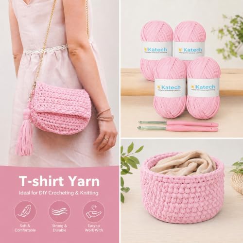 Katech 400g T Shirt Yarn for Crocheting, Elastic Fabric Yarn for Bag-Pink