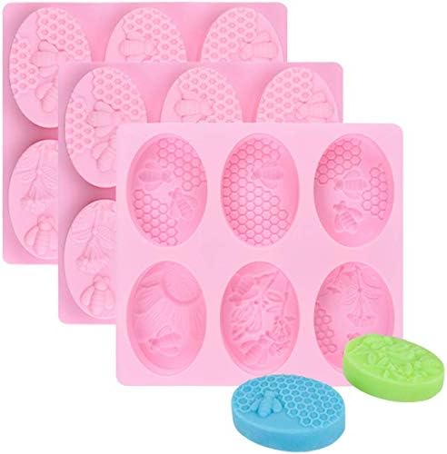3Pcs/Set Honey Bee Silicone Soap Molds, 3D Bee Honeycomb Chocolate Candy Molds Silicone Oval Molds Beehive Cake Baking Pan Homemade Craft Beeswax Bath Bomb Lotion Bars Mold